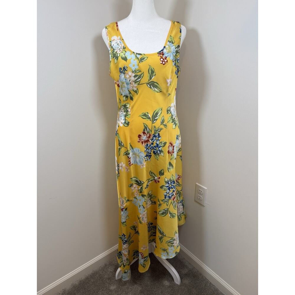 Donna Morgan Women’s 8 Yellow Slip Dress Floral Tropical Asymmetrical Wedding